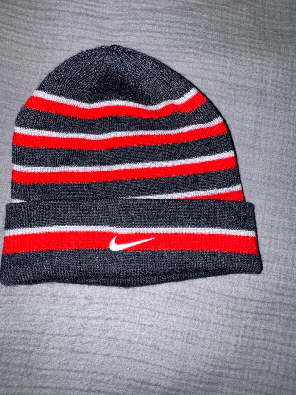 Nike Black, Red & White Striped Cuffed Beanie